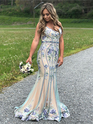 Jovani embroidered white and blue prom dress